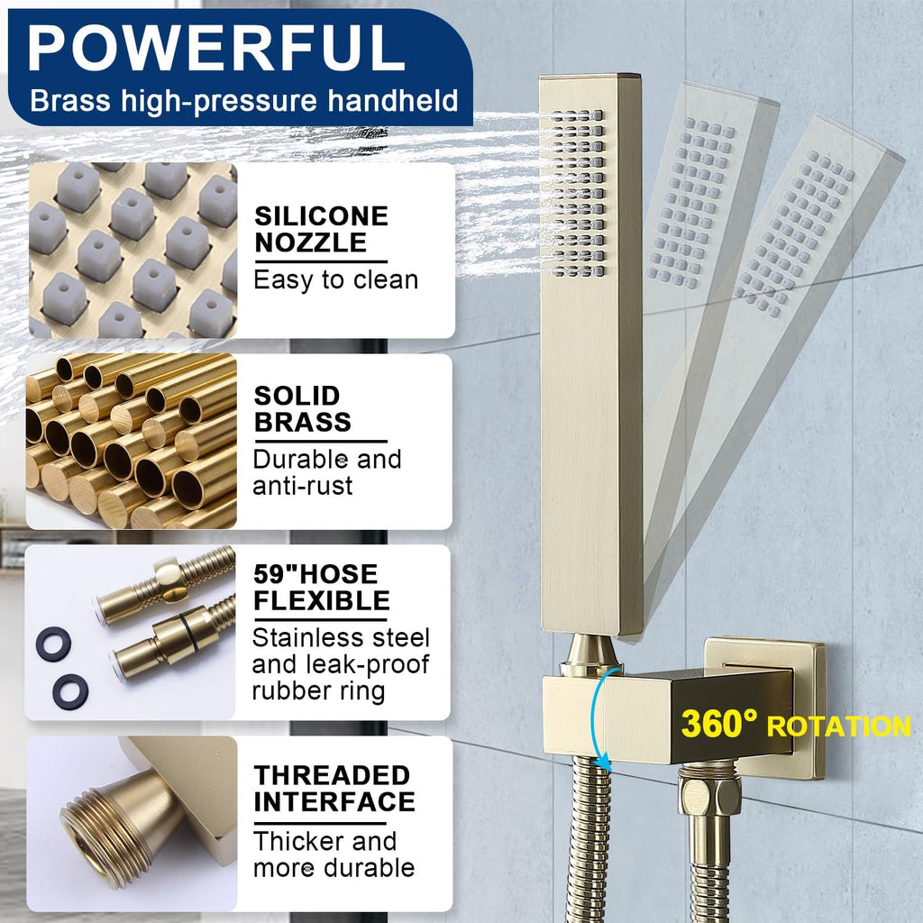 Dual Rain Shower Head Thermostatic Luxury Spa Shower System And Ceiling Mount 14x20 Inch LED 4 Functions with 6 Inch Wall Head Shower Faucet Set,Brushed Gold