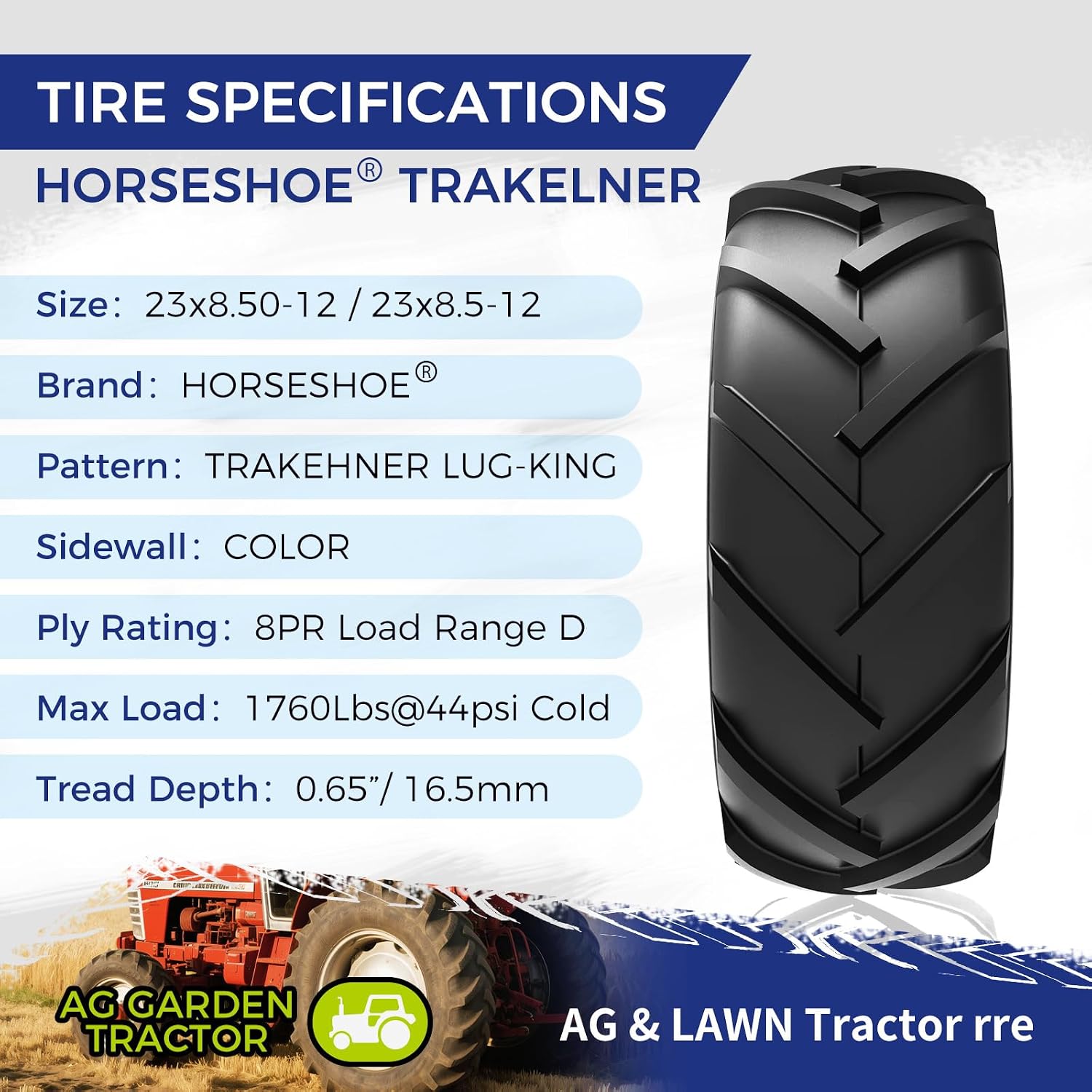 HORSESHOE TRAKEHNER 2 New 23x8.50-12 / 23x8.5-12 8PR R-1 Super Lug-King Ditch Witch Trencher AG Farm Lawn Tractor Tires 23x850x12 23x8.5x12 LRD Heavy Duty Color-Sidewall (23x8.50-12 8Ply)