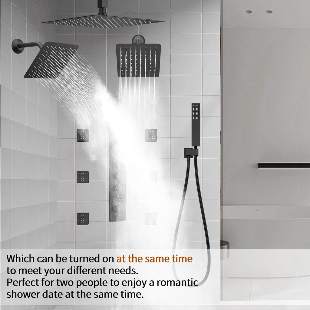 Rainfall Shower System with 12+8+8' Three Top Shower Heads, Body Jets and Handheld Shower,Matte Black Full Body Shower System with Digital Display Valve