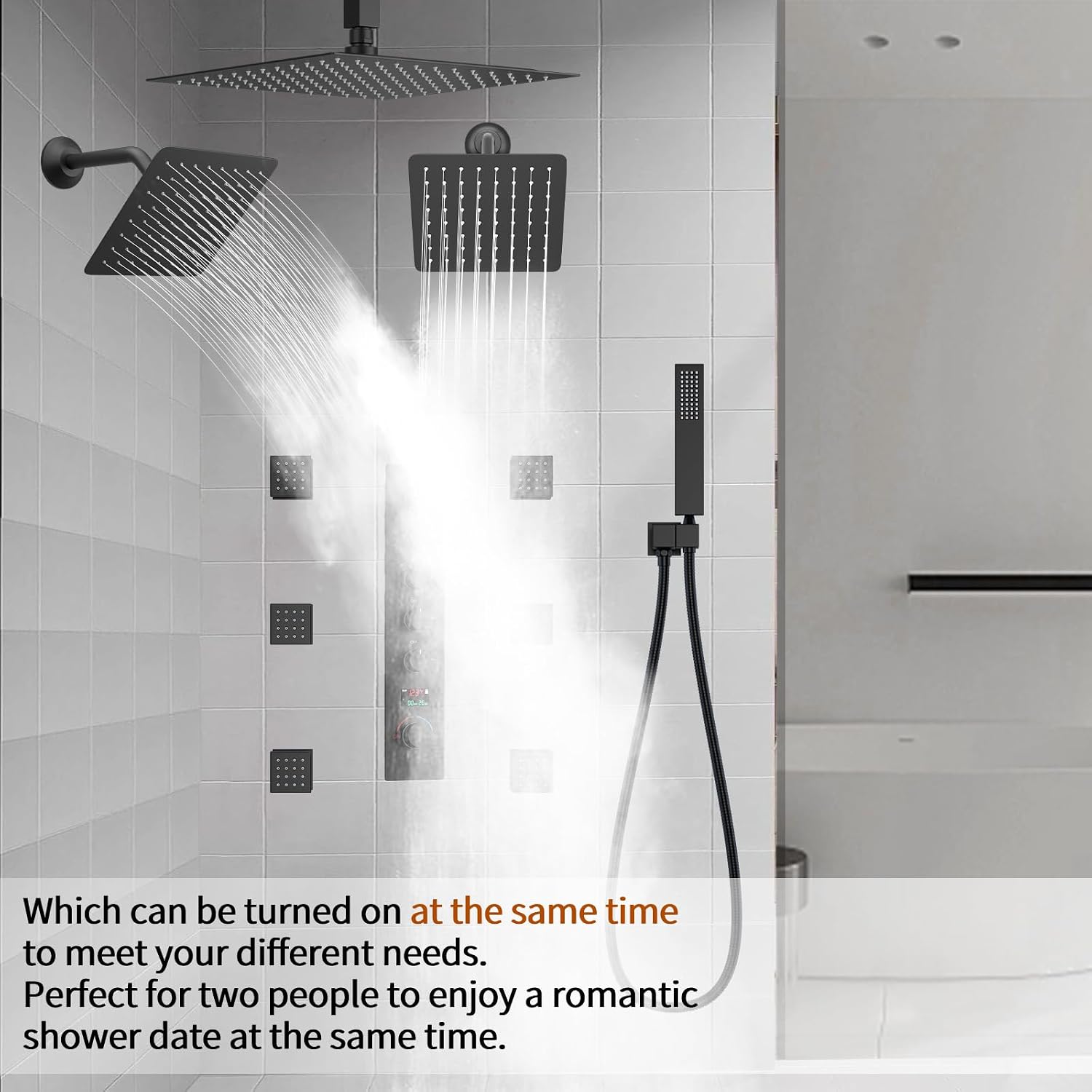 Rainfall Shower System with 12+8+8' Three Top Shower Heads, Body Jets and Handheld Shower,Matte Black Full Body Shower System with Digital Display Valve