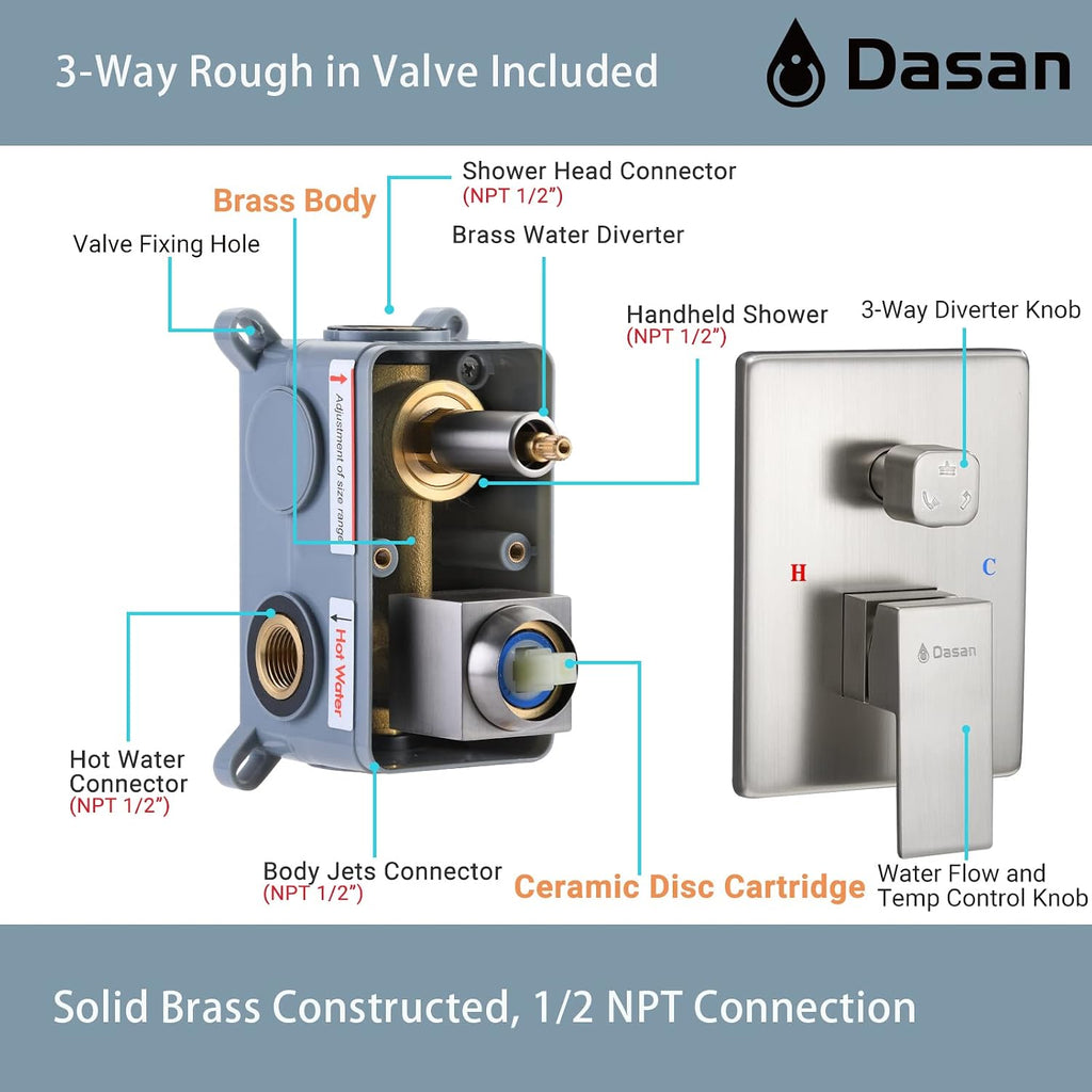 Brushed Nickel Shower System with 4 PCS Shower Body Spray Jets & 12'' Ceiling Shower Head & Handheld Spray, DASAN Full Body Shower Faucet System with Jets Rainfall Shower Combo Set, SA-SS03BBN-S12C