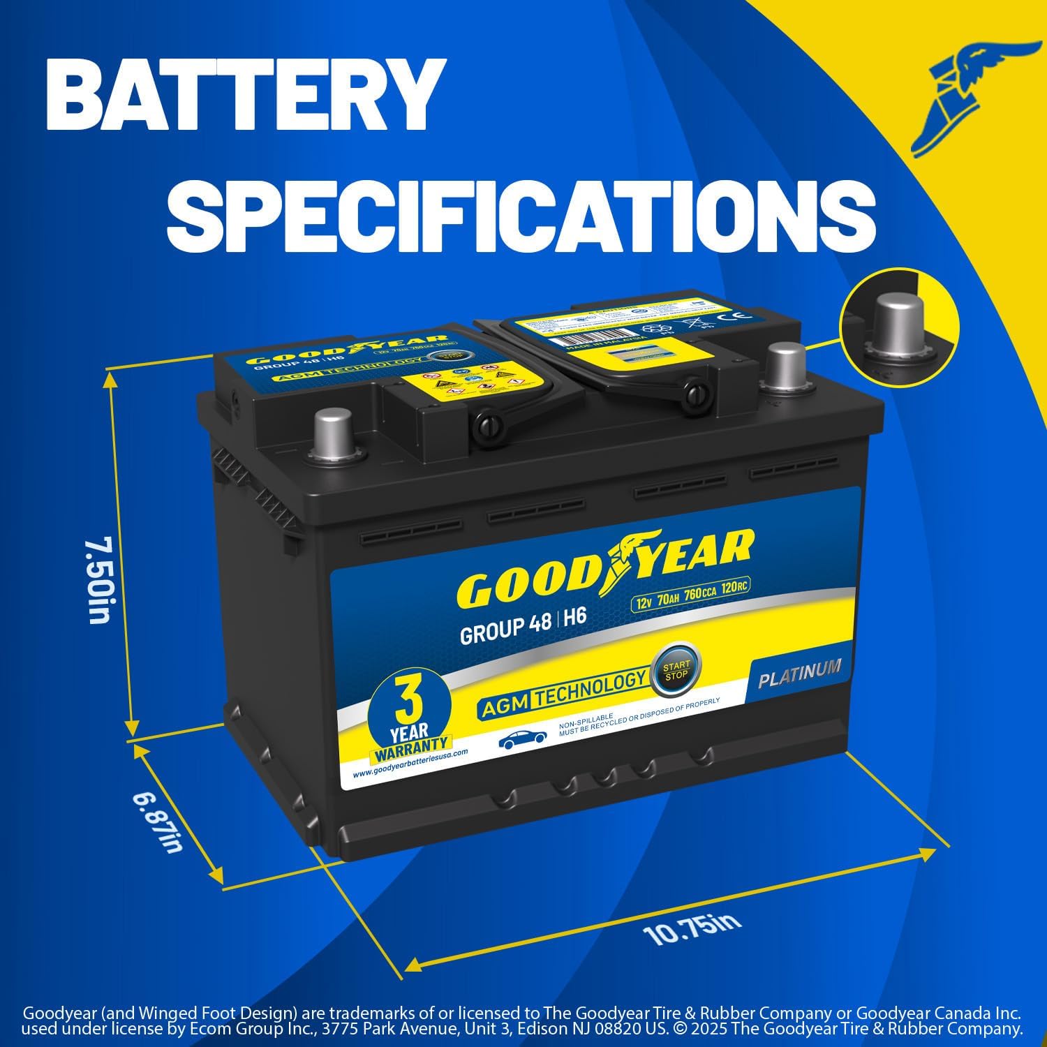 Goodyear 48-H6-AGM BCI Group Size 48 12V 70 AH, 120RC, 760 CCA Platinum series Rechargeable AGM Maintenance Free Automotive Battery