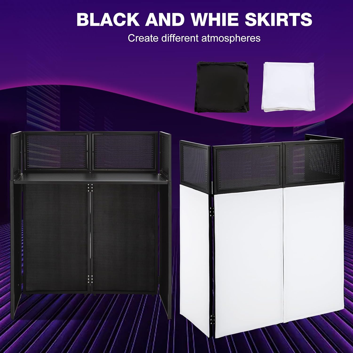 Portable DJ Booth Facade Stand | Foldable DJ Table with 38.5'x19' Surface & Cable Hole | Includes Black/White Scrims & Carry Bag for Events, Parties, Mobile DJs (DJ Station, Event Facade)