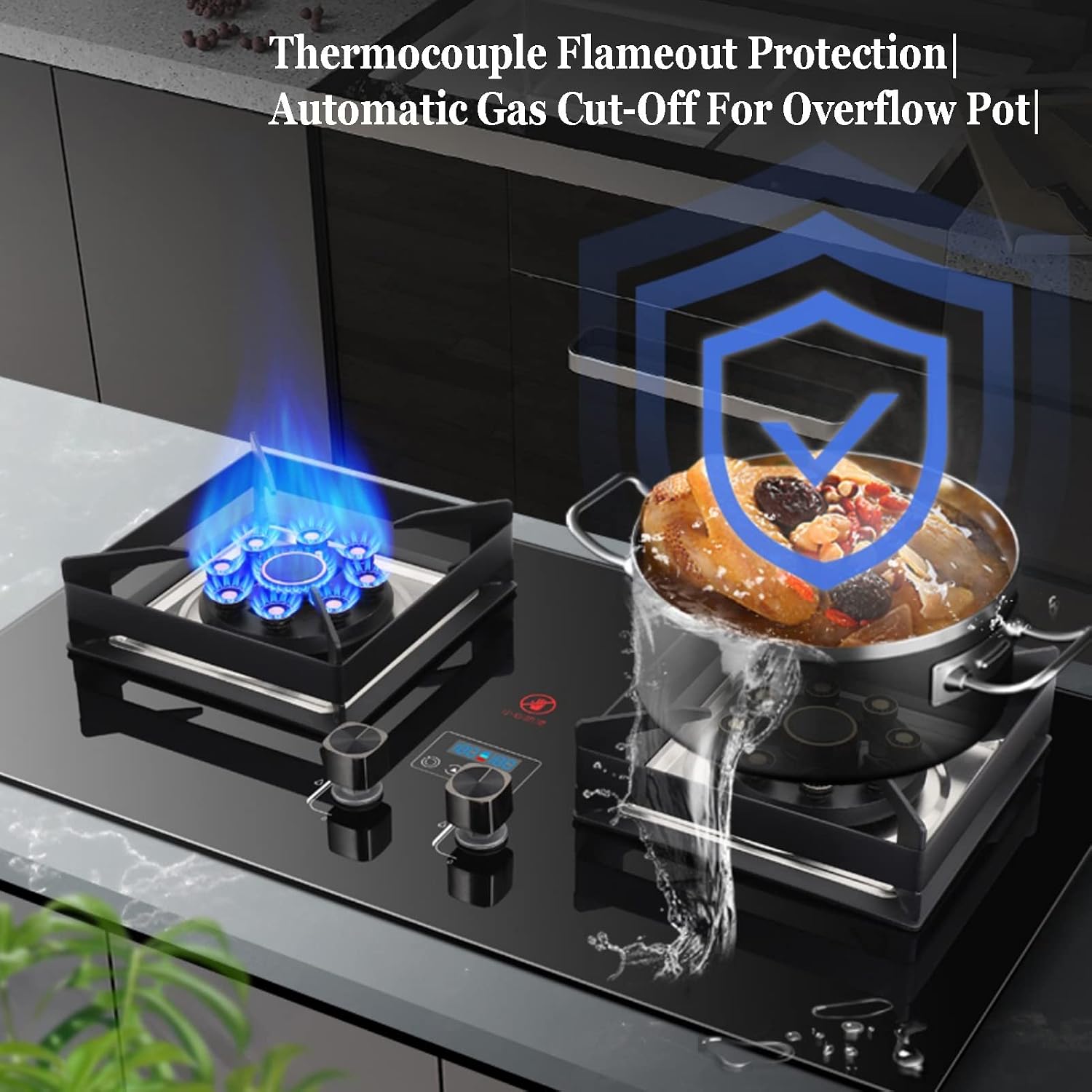 Tabletop/built-in Gas Stove,17760 BTU LPG/NG Tempered Glass Gas Cooktop 2 Burners,Flameout Protection,Suitable for Home and Commercial Use (Size : NG)