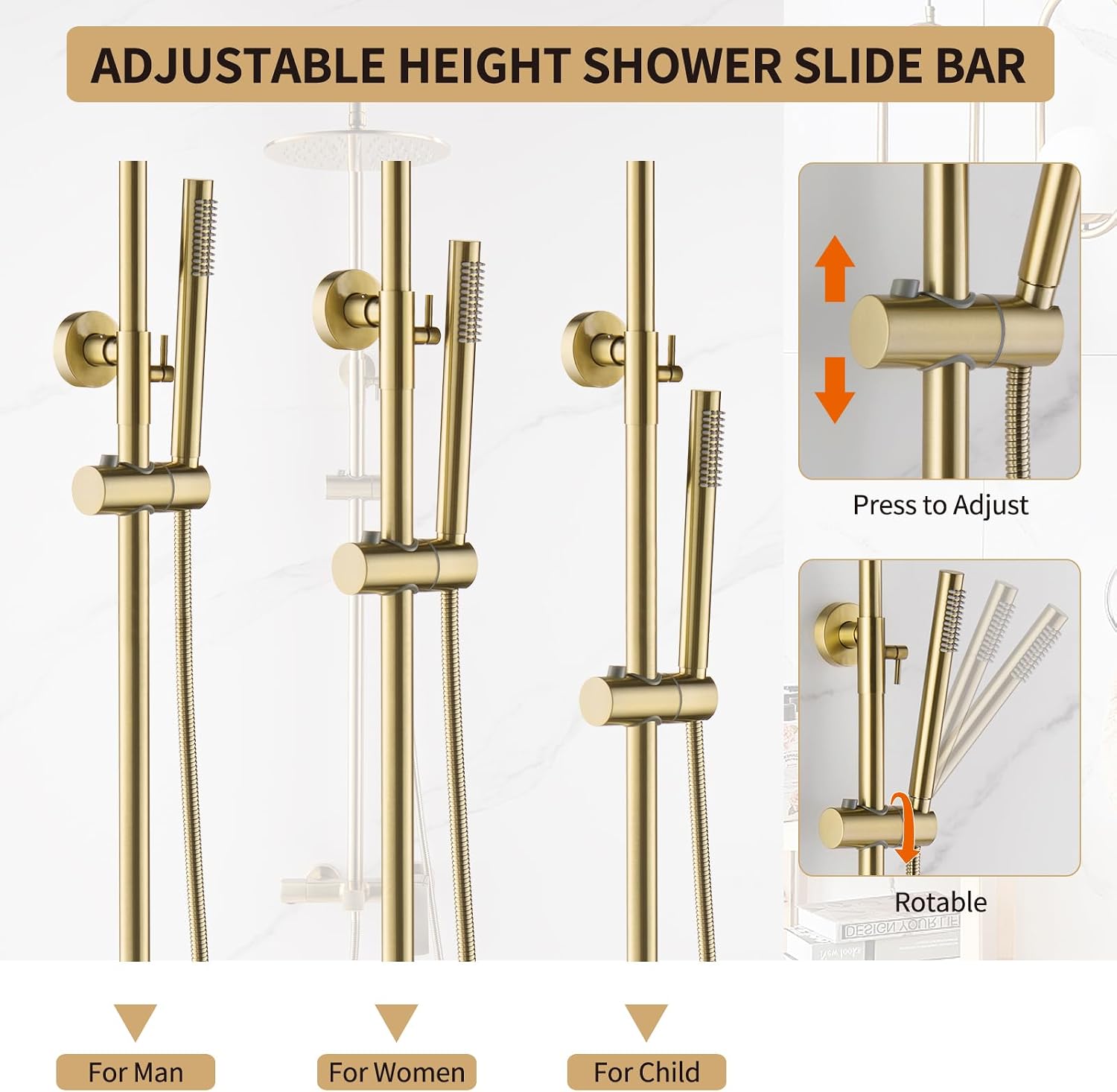 Exposed Shower System with Rain Shower and Handheld Sprayer, Outdoor Shower Fixture with Tub Spout, Rainfall Showerhead Faucet Combo Set for Bathroom Height Adjustable Shower Mixer Brushed Gold
