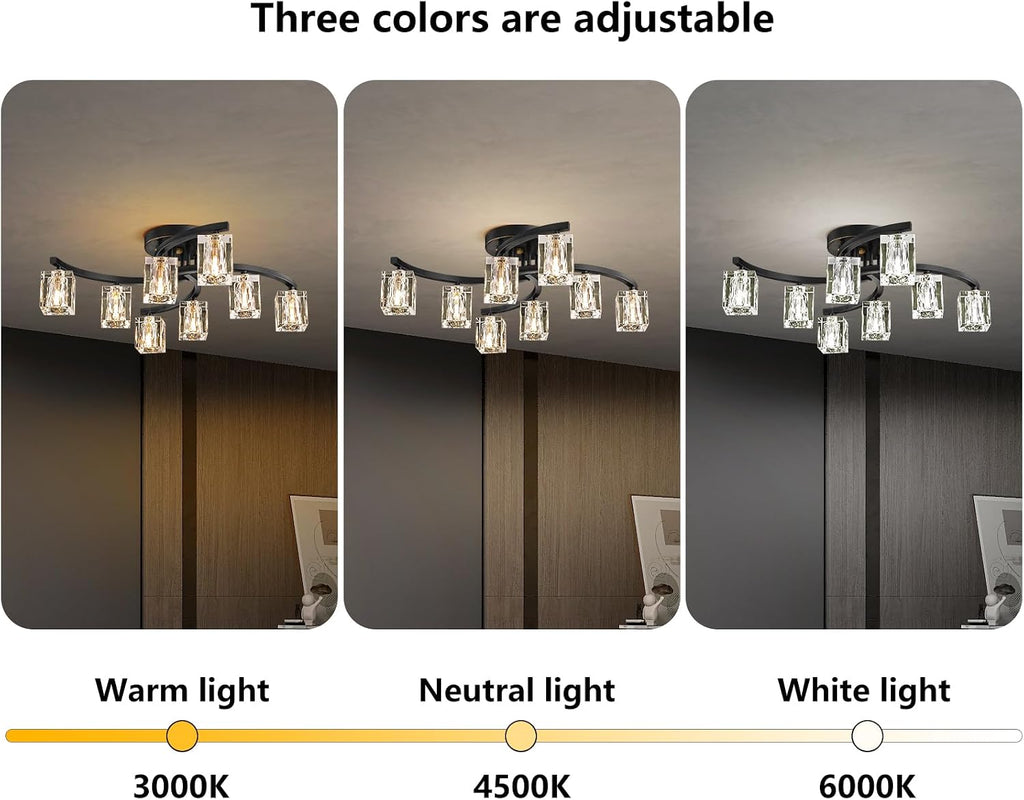 8-Light Semi Flush Mount Ceiling Light, Black and Gold Ceiling Fixture, Farmhouse Dining Room Light Fixture with K9 Crystal Shade, Modern Chandelier for Living Room,Bedroom,Entryway