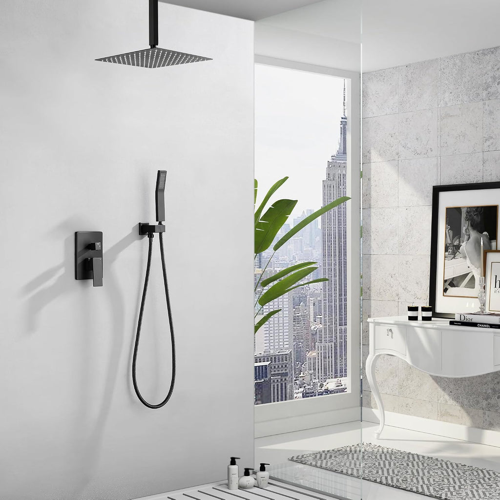 WELLFOR 12' Ceiling Mount Matte Black Shower System with 2-way Diverter, Built-In Shower Faucet System, Shower Faucet Kit, Ceiling Rainfall Shower Head Faucet Trim Kits with Rough-in Valve and Trim