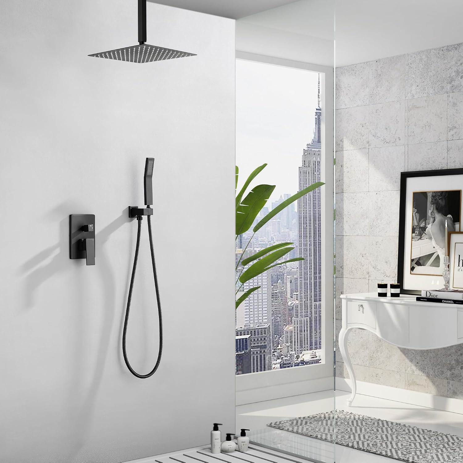 WELLFOR 12' Ceiling Mount Matte Black Shower System with 2-way Diverter, Built-In Shower Faucet System, Shower Faucet Kit, Ceiling Rainfall Shower Head Faucet Trim Kits with Rough-in Valve and Trim