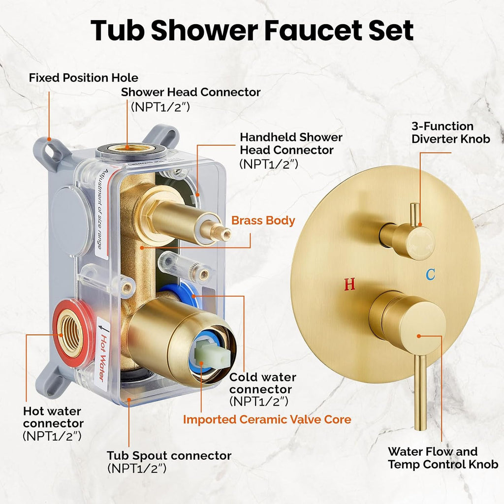 Airuida 3-Function Rain Shower System Set – Wall Mount Tub Shower Combo with Handheld Shower and Tub Spout,12 Inch Shower Head,Brushed Gold