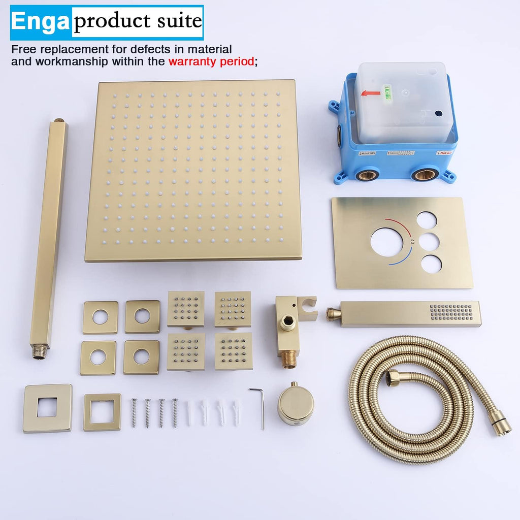 Brushed Gold Rain Shower System - Enga Full Body Spray Shower 12inch Ceiling Rain Showerhead with Body Jets, Thermostatic Modern Shower Combo Set, All Faucet On At The Same Time