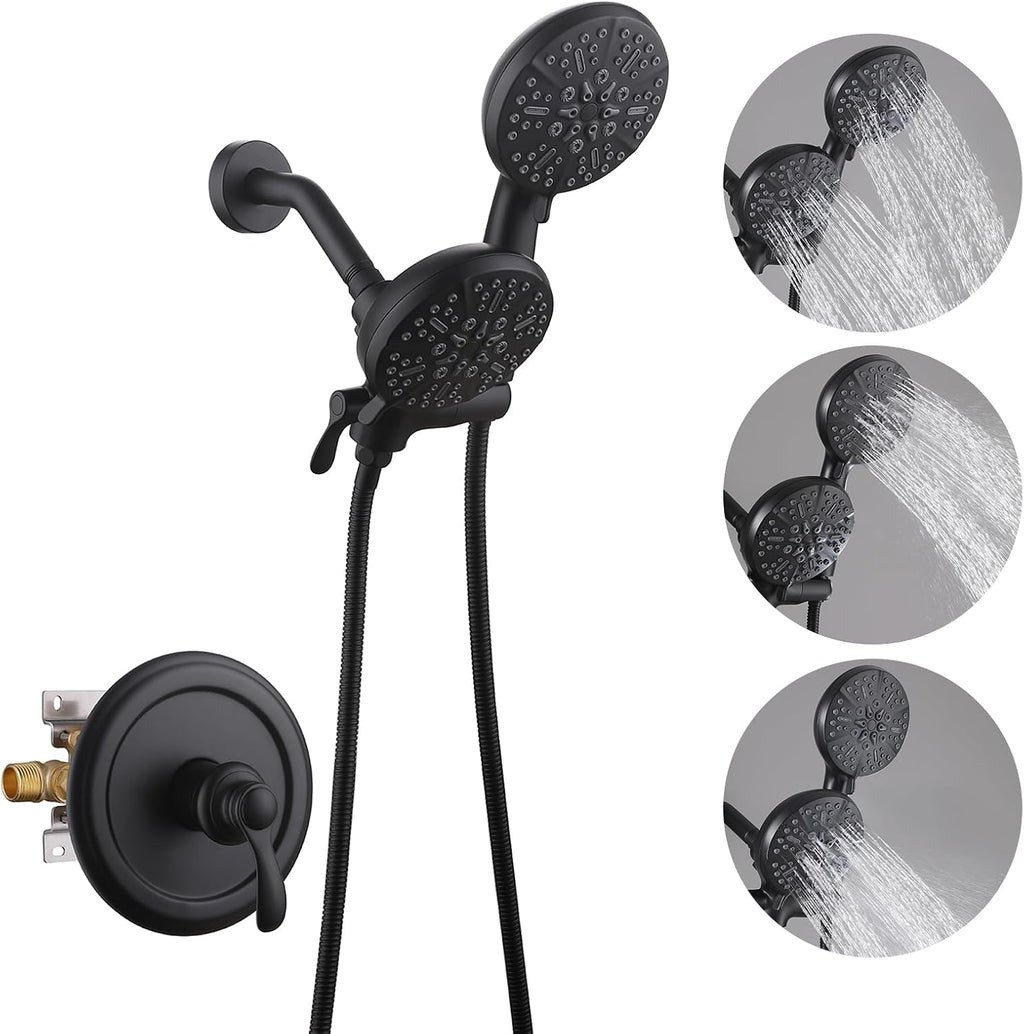 Dual Shower Head with Handheld Bathroom Double Shower Heads High Pressure 3-Way Rainfall Combo with SUS304 Hose 7-Setting Showerhead and Hand Held Shower Separately or Together Matte Black