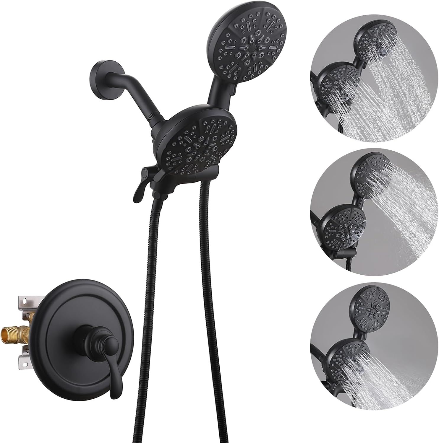 Dual Shower Head with Handheld Bathroom Double Shower Heads High Pressure 3-Way Rainfall Combo with SUS304 Hose 7-Setting Showerhead and Hand Held Shower Separately or Together Matte Black