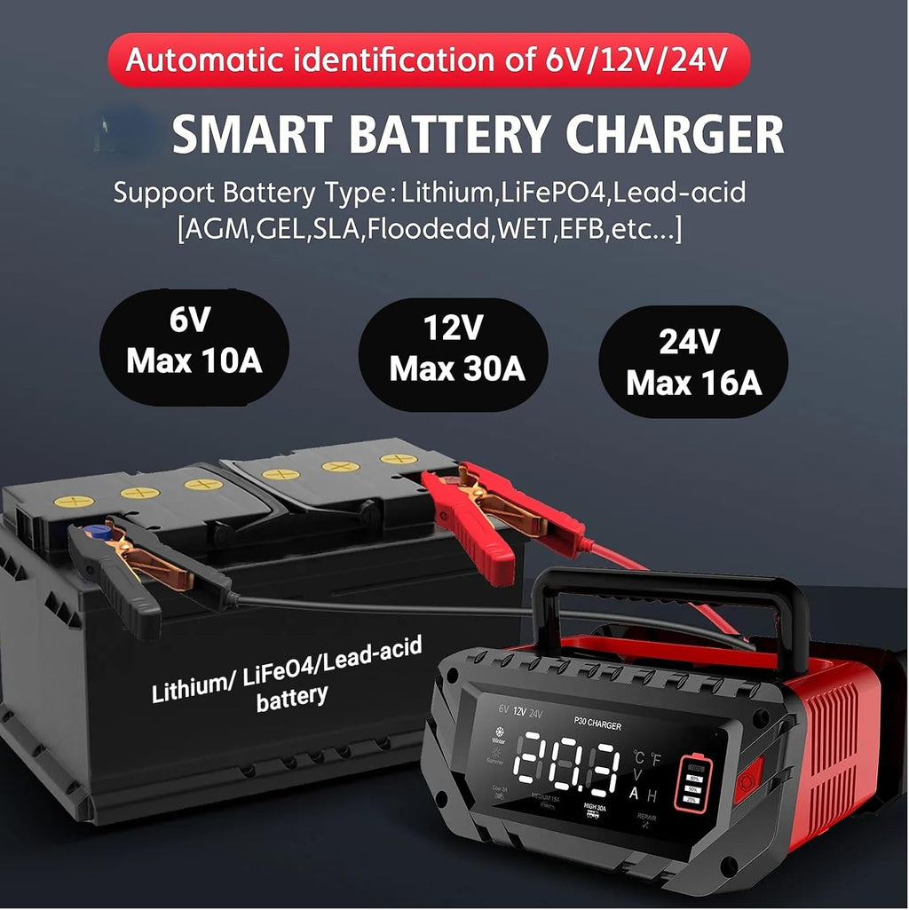 Smart 6V/ 12V/ 24V 30A Battery Charger & Maintainer with Pulse Repair – 4-Mode LiFePO4/AGM/Lead-Acid Charger for Cars, Marine, Trucks, RVs, Lawn Mowers, US Plug