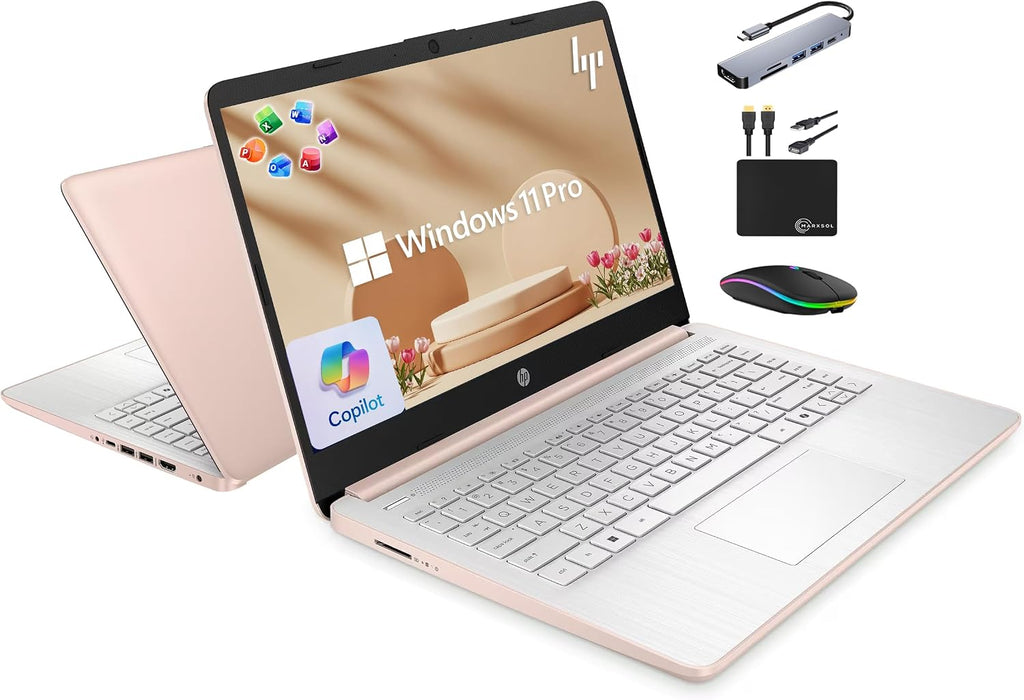 HP 14' Laptop 2025 Business Student Slim Computer, Lifetime MS Office, Copilot AI, Quad-Core Intel CPU, 16GB RAM, 628GB Storage (128GB UFS+500GB Ext), MarxsolAccessory, Wi-Fi 6, Win 11 Pro, Rose Gold