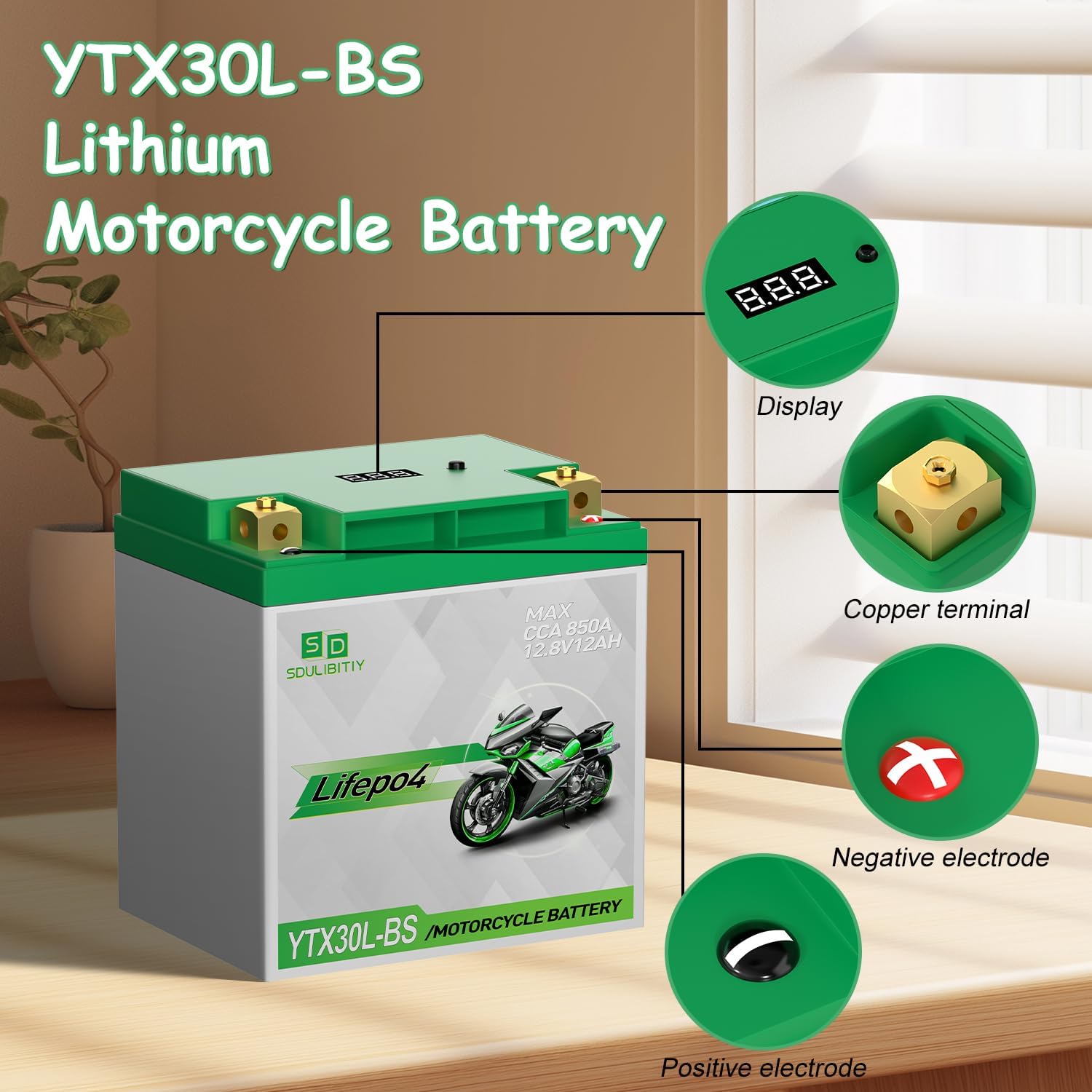 YTX30L-BS Lithium Motorcycle Battery LiFePO4 Engine Start Battery 12.8V 12AH 850 CCA LiFePO4 Engine Start Battery with BMS (Smart Battery Management System) 2500-8000 Life Cycles