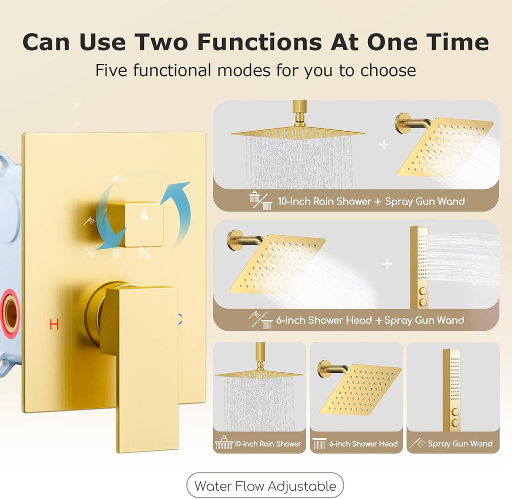 Shower System Brushed Gold Shower Faucet Set,Five Functions Knob Diverter Rainfall Shower Faucet with 2 in 1 Handheld,10'' Ceiling Mount and 6'' Wall Mount Rainfall Shower System