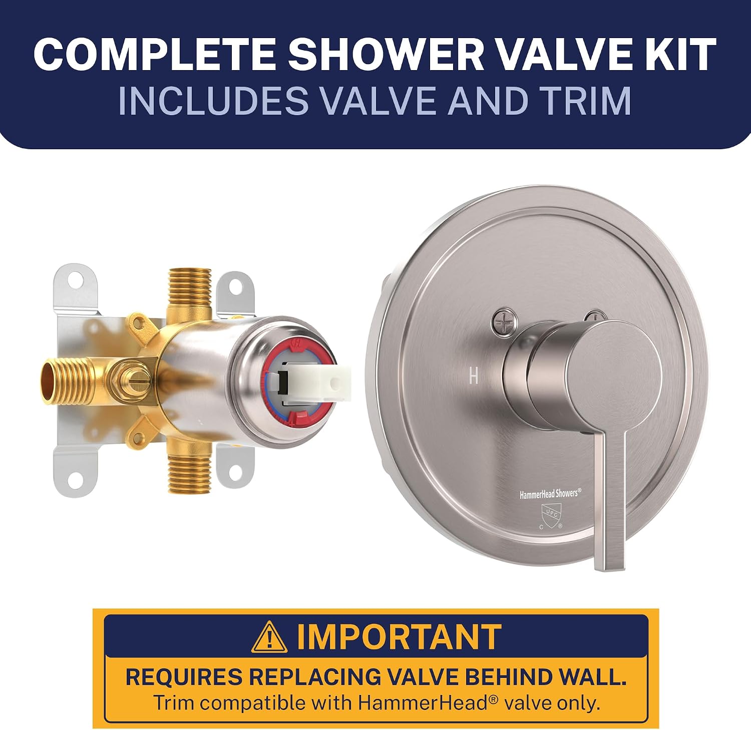 HammerHead Showers Solid Metal Single-Handle Trim Kit with Rough-In Shower Valve, Volume and Temperature Control, Pressure Balance, Brushed Nickel