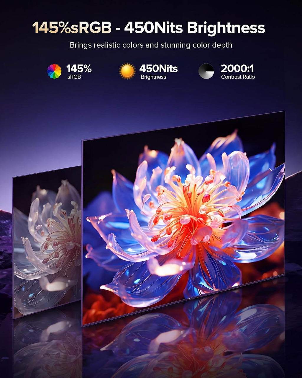 23.8'' QLED Portable Monitor 144Hz Gaming Monitor, 145%sRGB | 2000:1 | FreeSync Built-in Adjustable Stand, Speaker and VESA, USB-C HDMI Large Second Screen for Laptop, Mac-book, PC, Game Console
