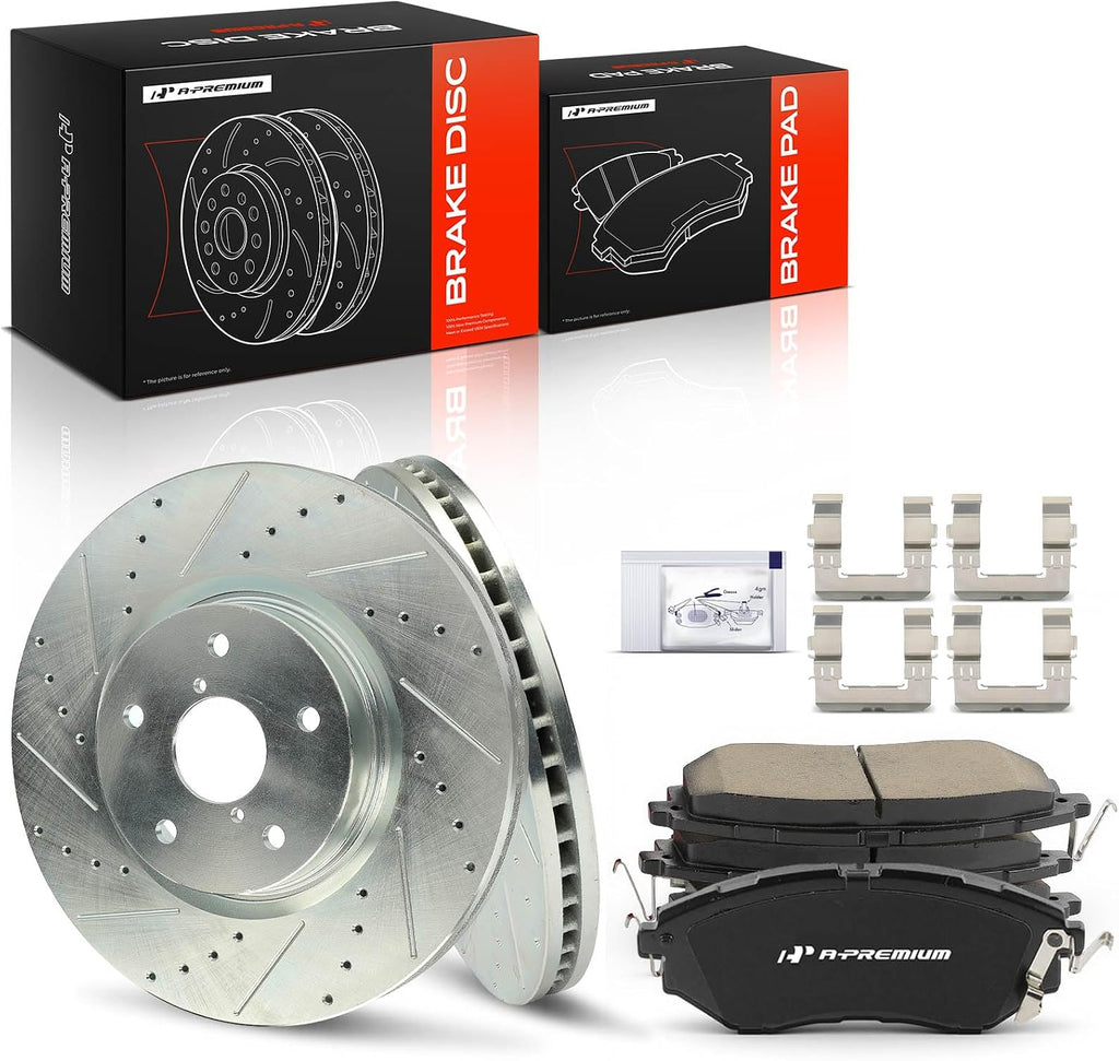 A-Premium 12.42 inch (315.5mm) Front Drilled and Slotted Disc Brake Rotors + Ceramic Pads Kit Compatible with Select Subaru Models - Outback 2015-2019, Legacy, Tribeca, B9 Tribeca, WRX, 6-PC Set
