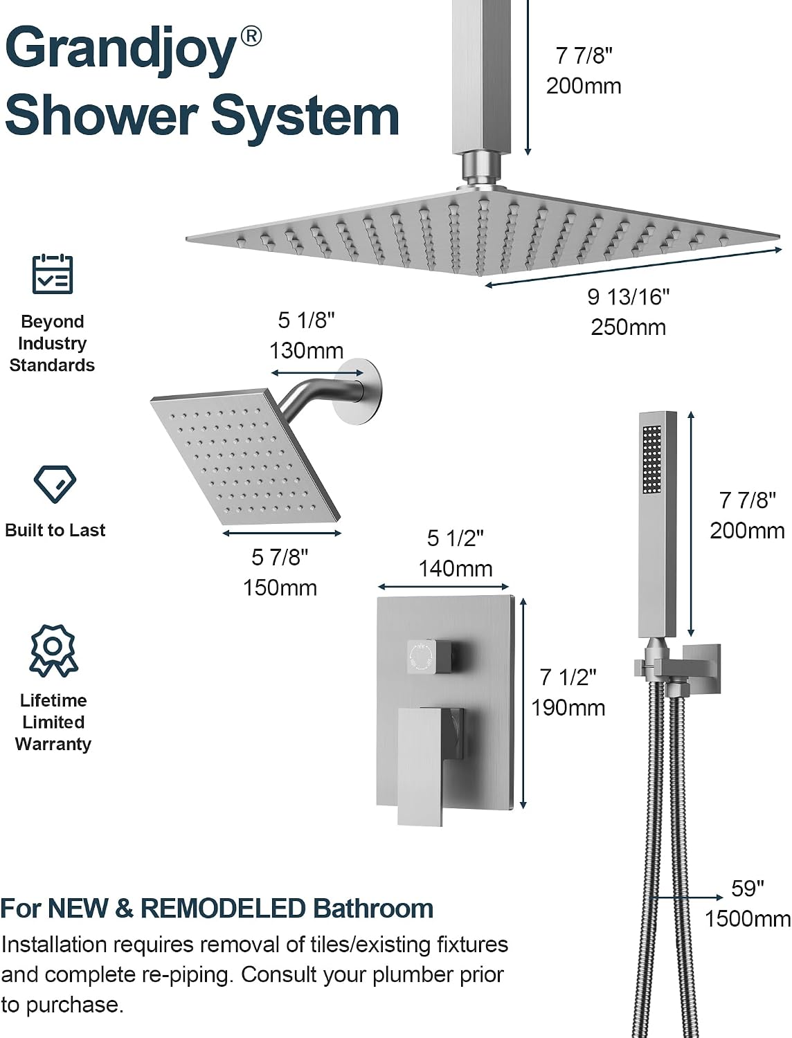 Brushed Nickel 3-Function Shower System with 10' Rainfall & 6' Secondary Shower Head, Handheld Combo Set, Wall Mounted cUPC Certified Pressure Balance Valve