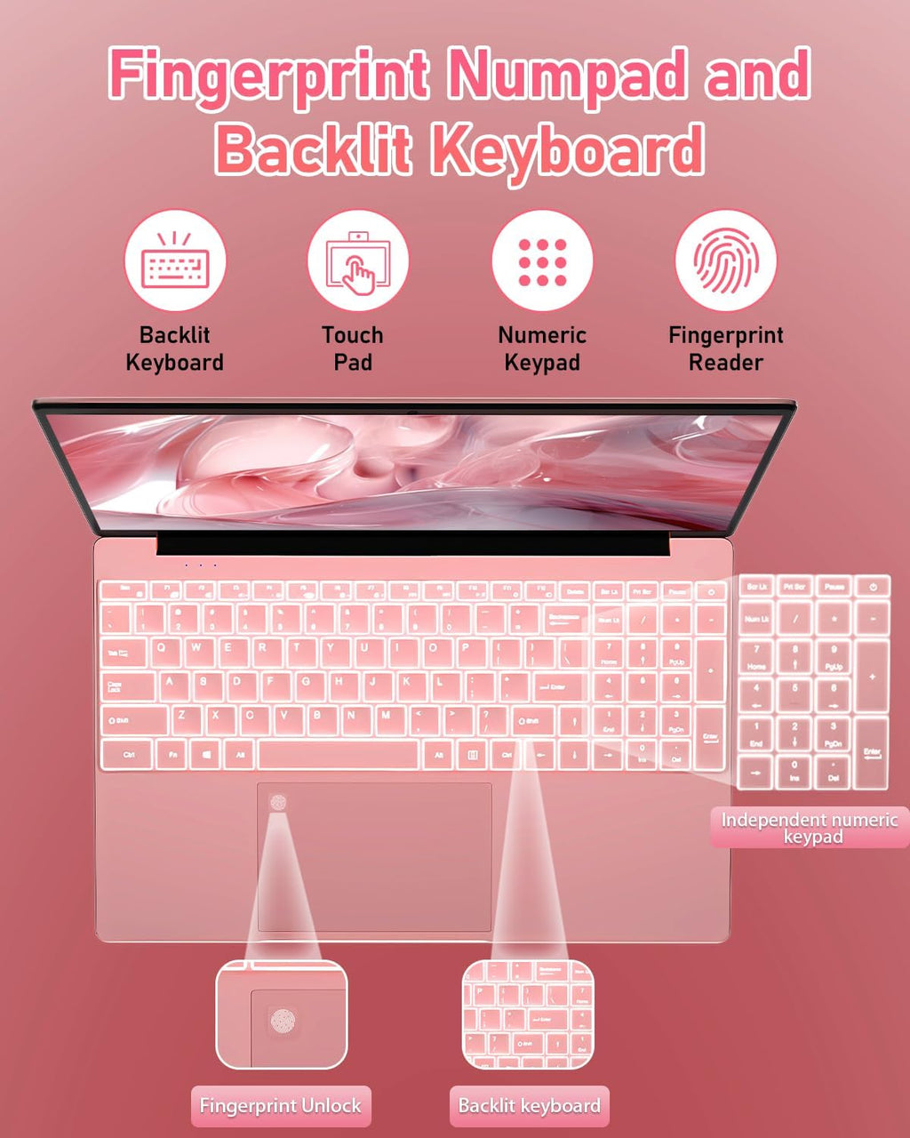 Molegar 15.6' Rose Gold Laptop with Backlit Keyboard and Fingerprint Reader,16GB RAM 512GB NVMe SSD,Webcam,WiFi 5,BT 4.2,HDMI,USB,Cheap Laptops Computer for Work School Home Office Professional Use