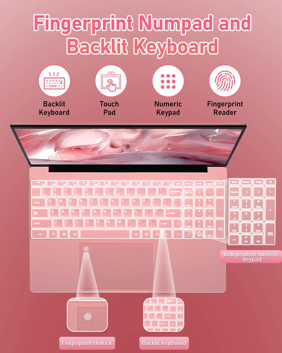 Molegar 15.6' Rose Gold Laptop with Backlit Keyboard and Fingerprint Reader,16GB RAM 512GB NVMe SSD,Webcam,WiFi 5,BT 4.2,HDMI,USB,Cheap Laptops Computer for Work School Home Office Professional Use