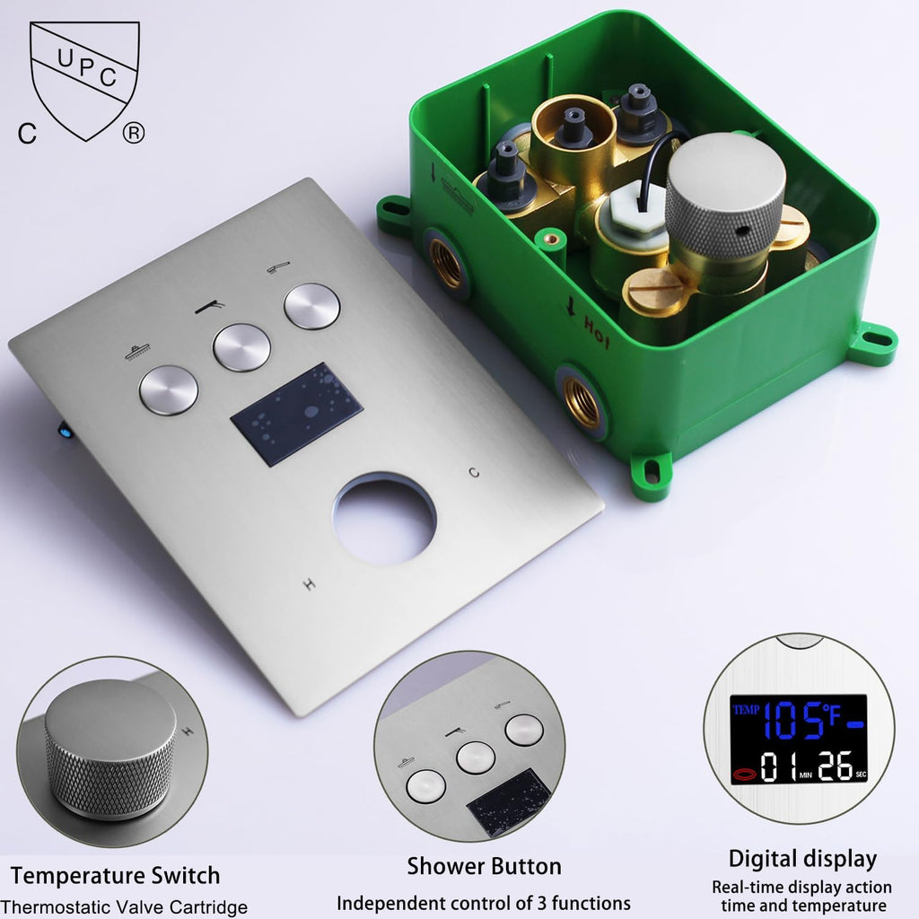Brushed Nickel Shower System 12 Inch Ceiling Digital Temperature Display Display Shower Faucets Sets Complete Push Button Full Body Shower System with Body Jet, Can Simultaneous Operation