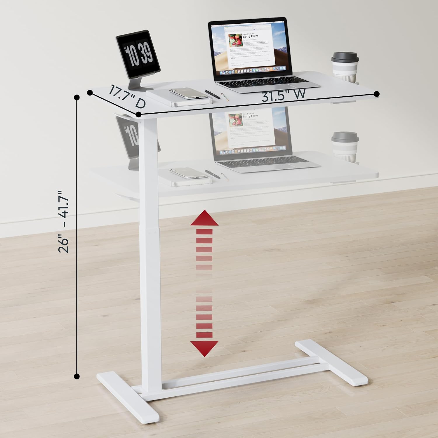 SANODESK Mobile Standing Desk with Hidden Wheels,Pneumatic Laptop Desk Rolling Computer Cart Movable Height Adjustable Small Sit Stand Desk for Home Office(31.5' W x 15.7' D,White)