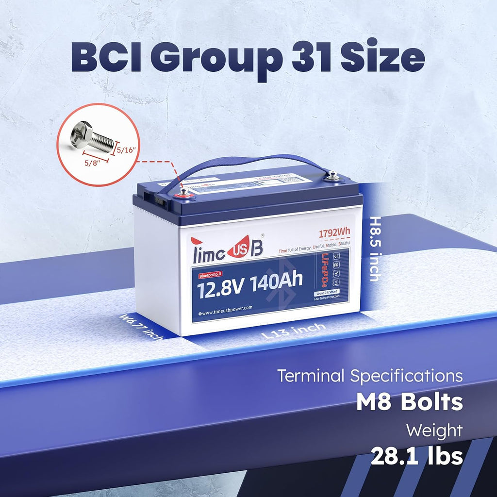 12V 140Ah Lithium Battery with Bluetooth, Timeusb LiFePO4 Battery with Low-Temp Protection, 150A BMS, BCI Group31, Prefect for RV, Trolling Motor, Marine, Energy Storage, Solar Off-Grid