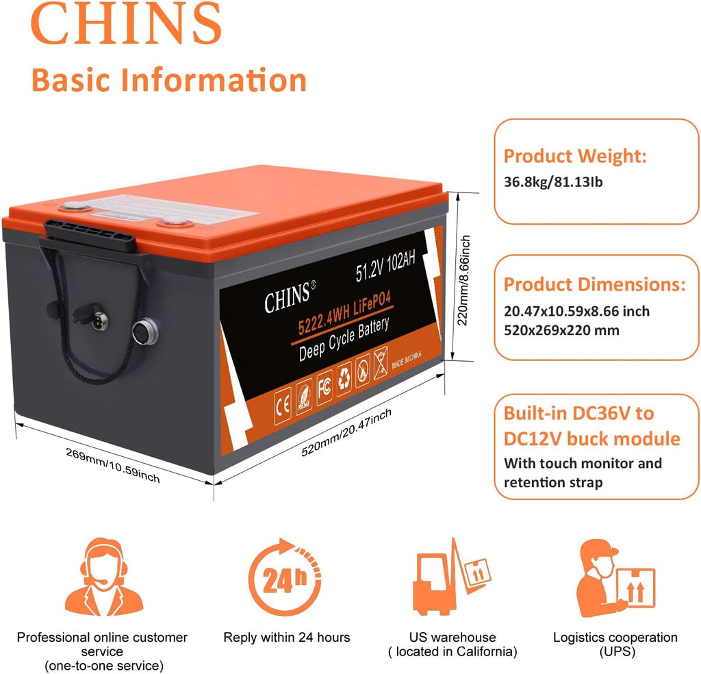 CHINS 48V 102Ah Lithium Golf Cart Battery, Built-in Smart 200A BMS, 48V Lithium Battery 4000+ Cycles Rechargeable, 48V LiFePO4 Battery Perfect for Golf Cart