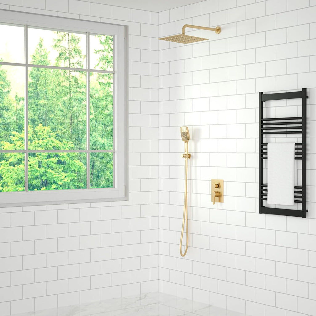 Shower Faucet Set - 12 inches Rain Shower System with 6 Function Handheld Shower Head Rough in Pressure Balance Valve Kit - Stainless Steel Bathroom Shower Kit Complete Brushed Gold
