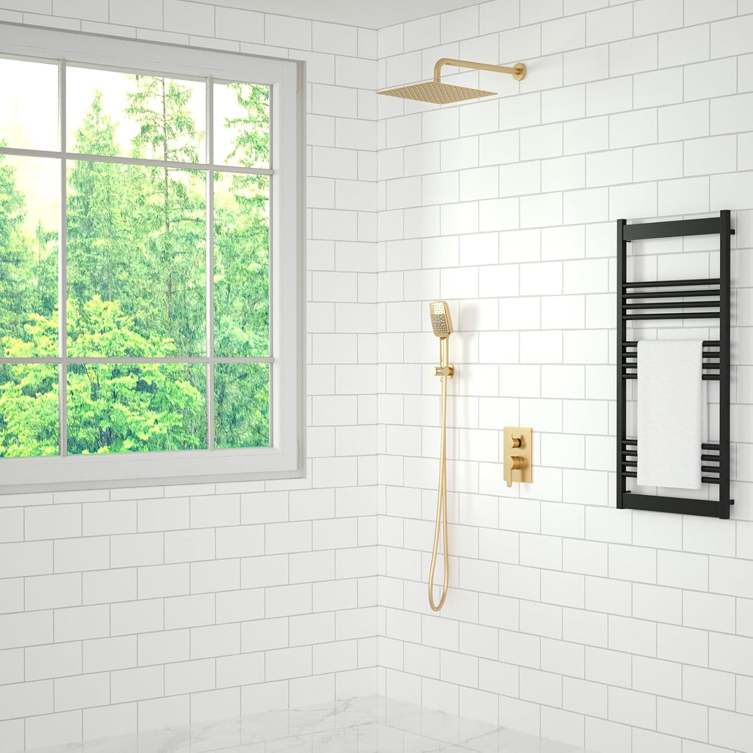 Shower Faucet Set - 12 inches Rain Shower System with 6 Function Handheld Shower Head Rough in Pressure Balance Valve Kit - Stainless Steel Bathroom Shower Kit Complete Brushed Gold