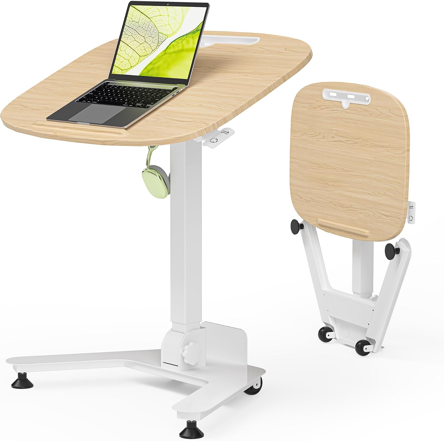 WALKINGDESK Folding Pneumatic Height Adjustable Mobile Standing Desk with 90° Tiltable Tabletop, 27.2x18.9 Inch Portable Laptop Desk with Wheels, Holds Up to 66.1lbs for Home Office, Study, Oak