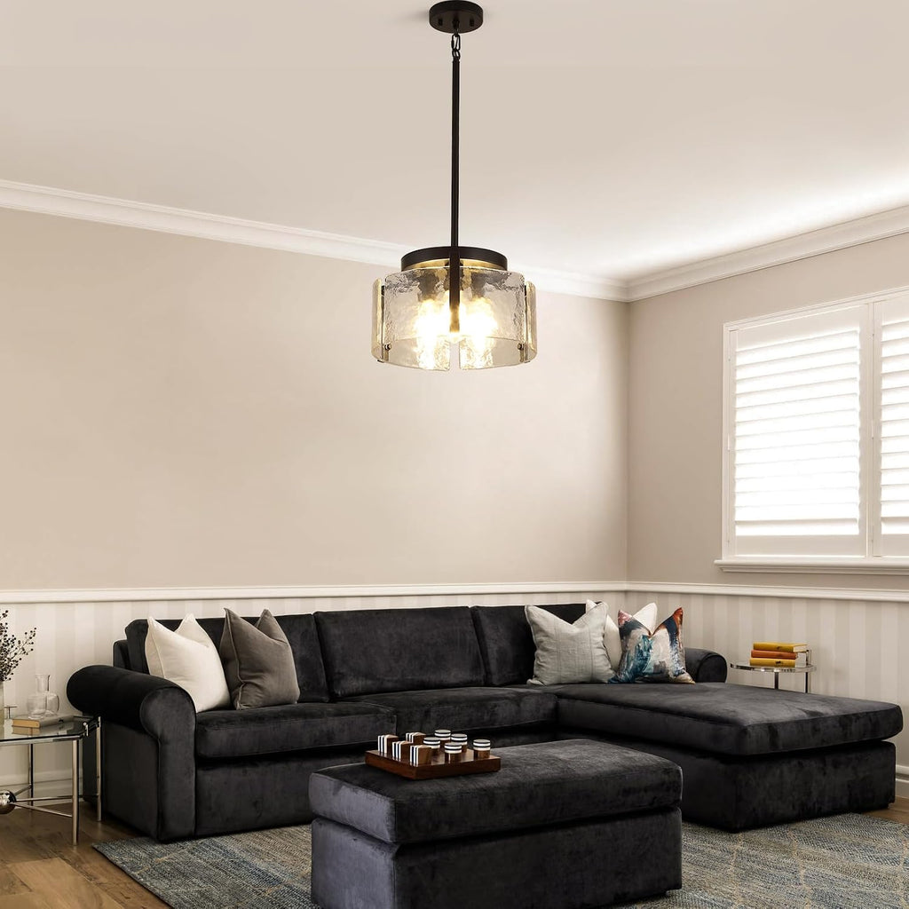 Black Dining Room Light Fixture, 3-Light Glass Drum Chandelier for Entryway, Farmhouse Kitchen Chandeliers Over Table Modern Lighting Fixtures for Foyer Hallway Bedroom Living Room