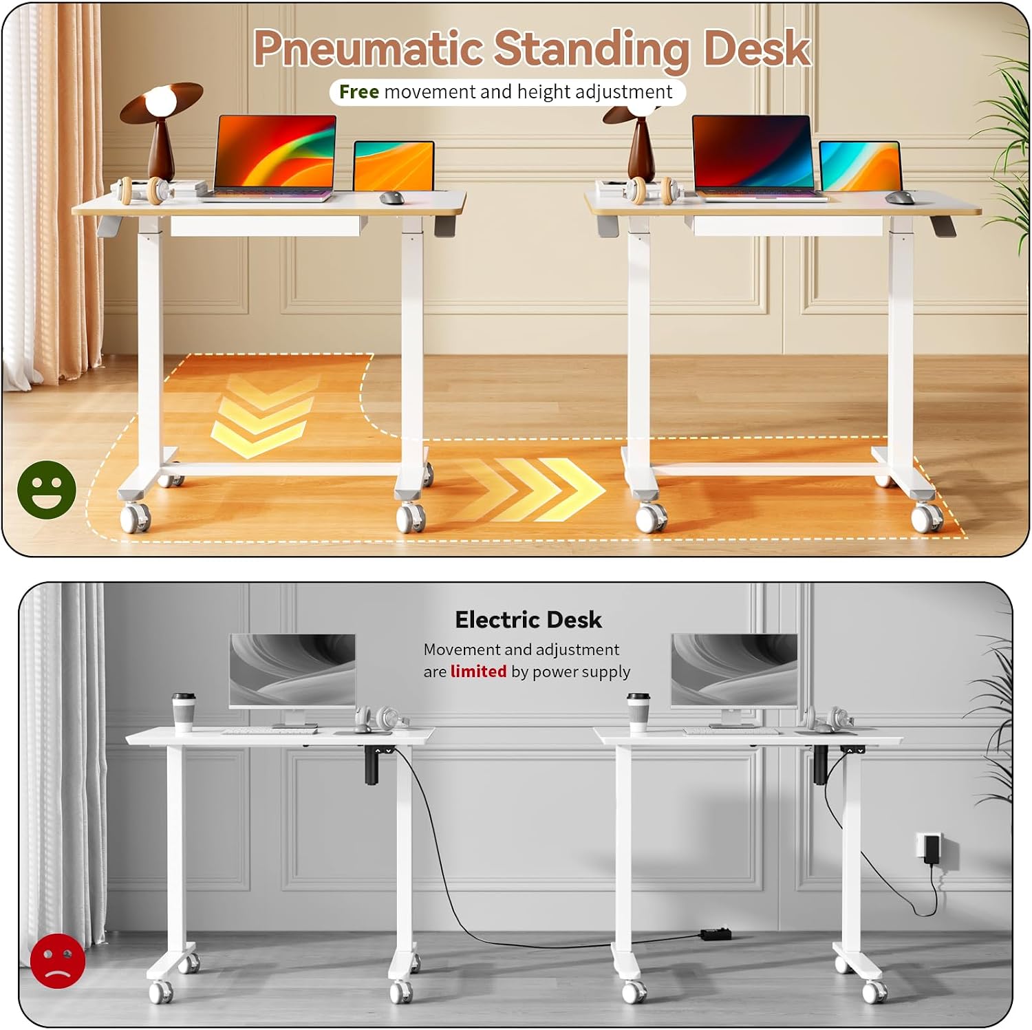 Mobile Standing Desk, 35inch Small Rolling Table with Drawer, Height Adjustable Sit Stand Workstation, White Portable Laptop Cart with Hidden Wheels or Lockable Casters