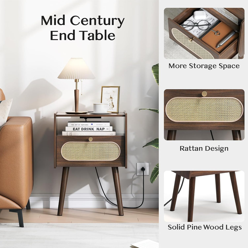 Nightstand Set of 2, Rattan Night Stands with Charging Station, Mid Century Modern Bedside Table with Drawer, Boho Dark Brown End Table with Storage, Wood Side Table for Bedroom, Dark Walnut