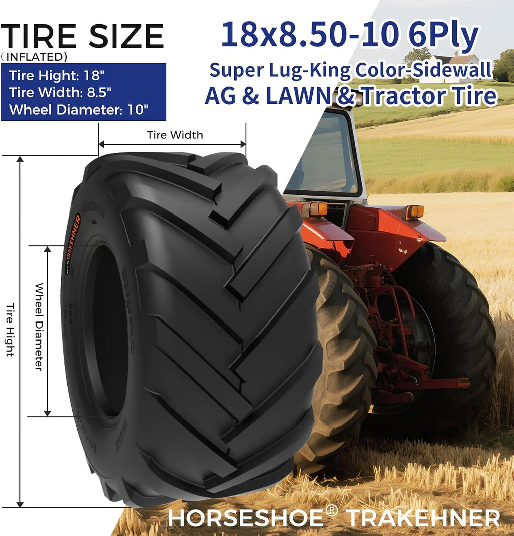 HORSESHOE TRAKEHNER 2 New 18x8.50-10 / 18x8.5-10 6PR Super Lug-King Ditch-Witch Trencher Tiller AG/Farm/Lawn/garden Tractor & Riding Lawn Mower Tires LRC Heavy Duty Color-Sidewall (18x8.50-10 6Ply)