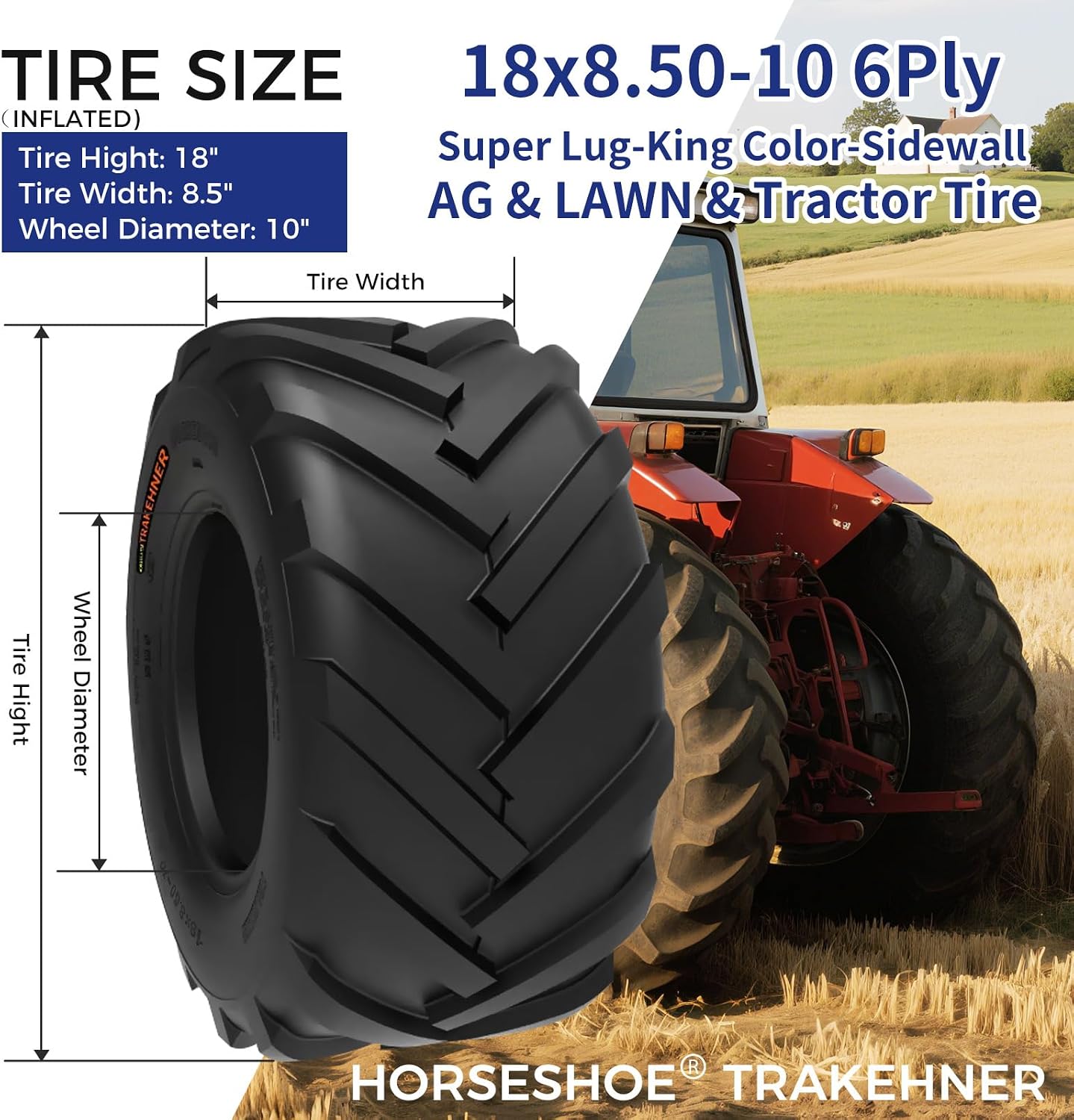 HORSESHOE TRAKEHNER 2 New 18x8.50-10 / 18x8.5-10 6PR Super Lug-King Ditch-Witch Trencher Tiller AG/Farm/Lawn/garden Tractor & Riding Lawn Mower Tires LRC Heavy Duty Color-Sidewall (18x8.50-10 6Ply)