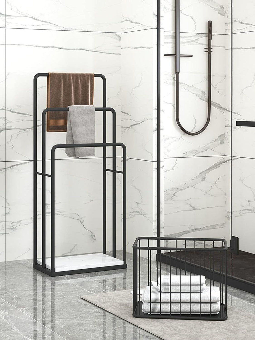 Bathroom Freestanding Towel Rack with Dirty Clothes Basket - Wrought Iron Study Shelf Hotel Storage Rack - Floor Standing Towel Rail (Black)