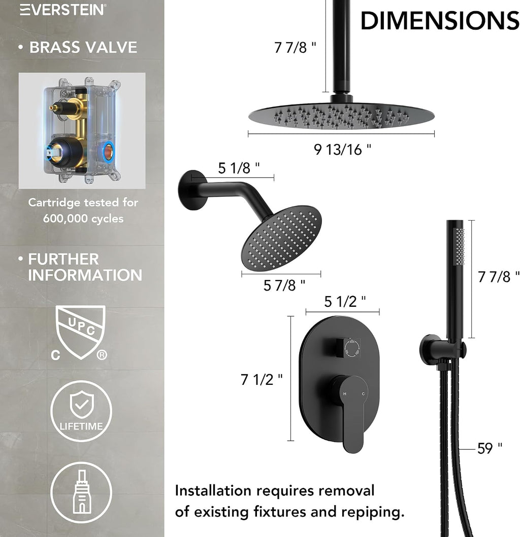 Ceiling Mount 10' High-Pressure Rainfall Shower Faucet, Dual Rainfall Shower Head System with Valve (Matte Black)