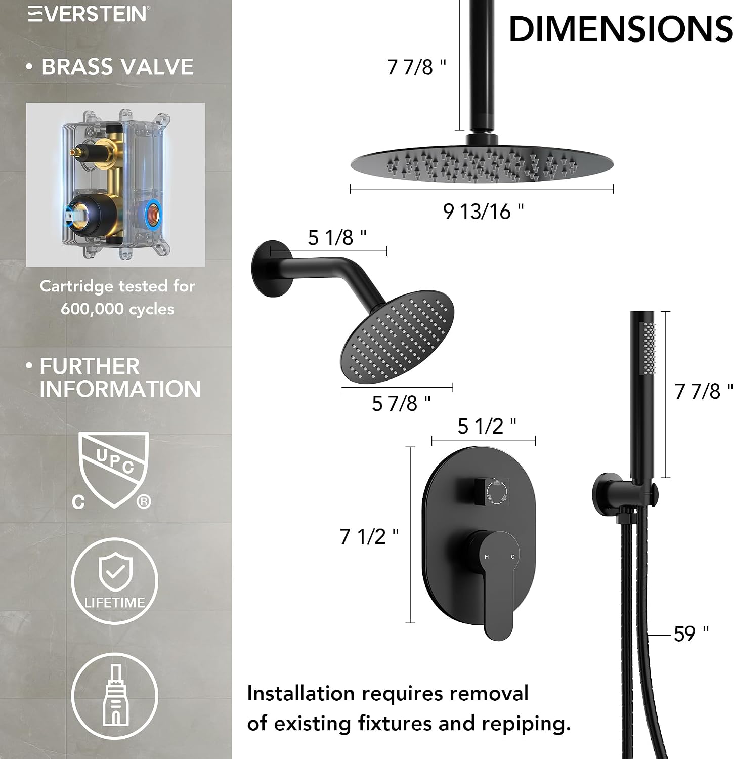 Ceiling Mount 10' High-Pressure Rainfall Shower Faucet, Dual Rainfall Shower Head System with Valve (Matte Black)