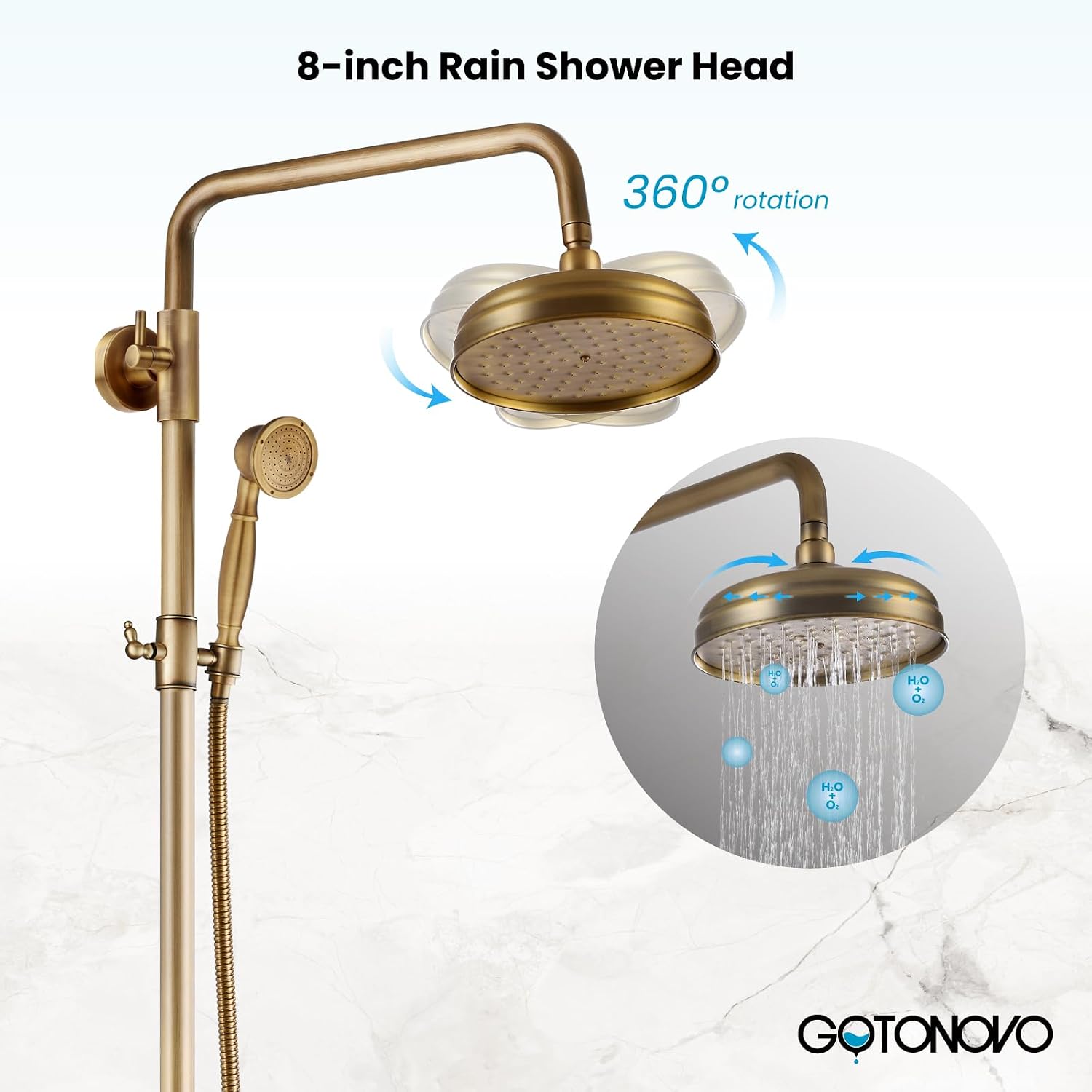 gotonovo Antique Brass Shower Faucet 8-inch Shower Head Fixture with Handheld Spray Double Lever Handle Bathtub Spout Triple Function Bathroom Wall Mount