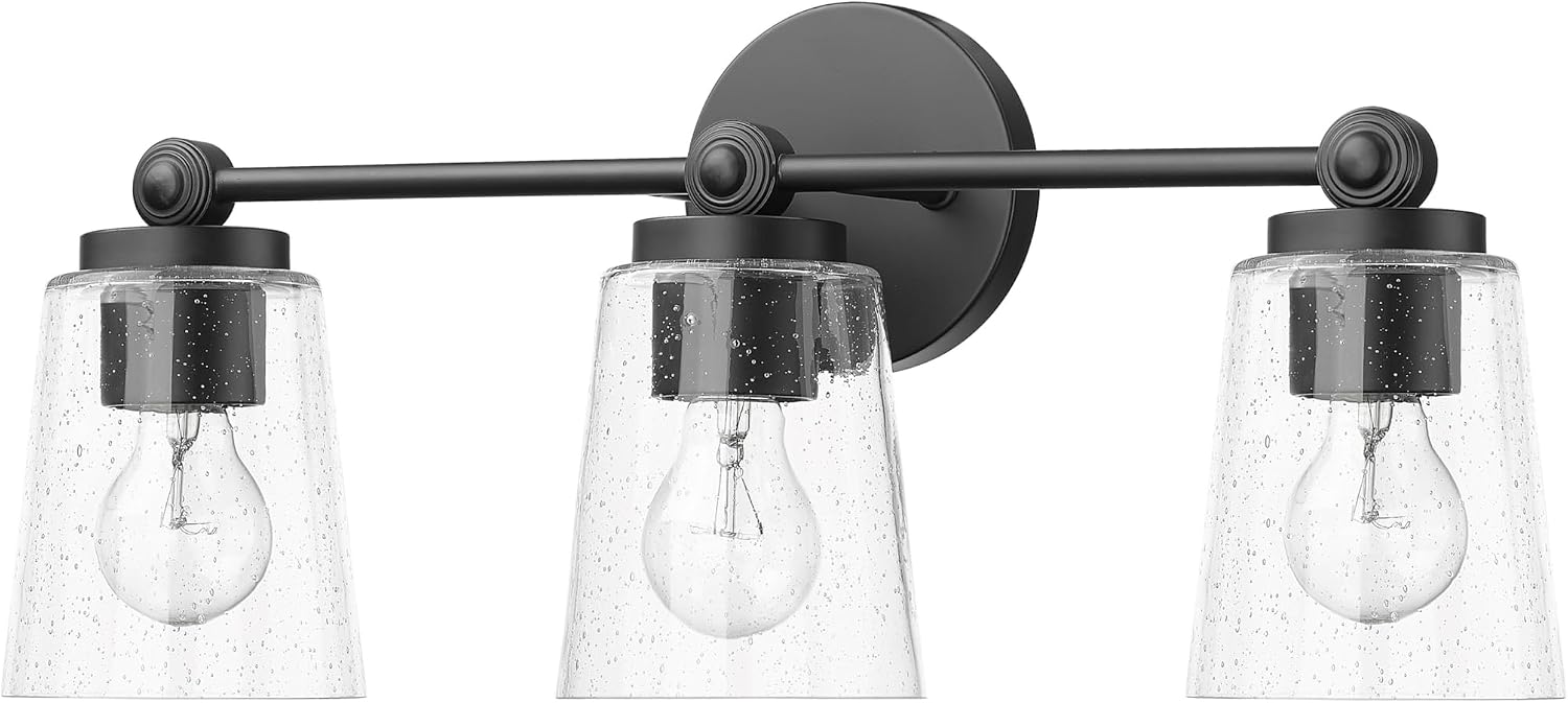 ML Lighting | Lauryn Collection | 22003-MB | 3 Light Vanity in Matte Black Finish with Clear Seeded Glass Shade | Versatile Design That adds High-End Texture and Elegance to Your Bathroom