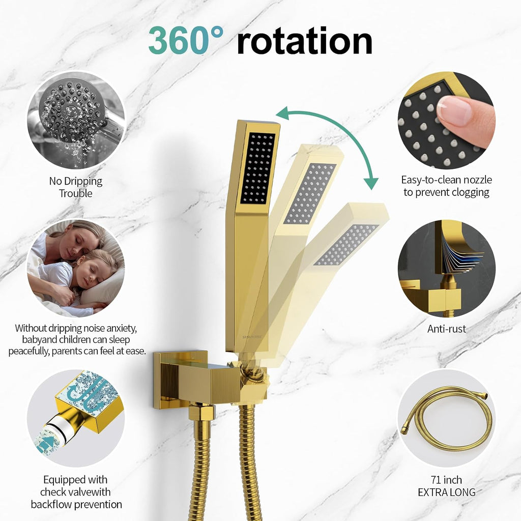 SR SUN RISE 12 Inches Bathroom Luxury Rain Mixer Shower Combo Set Wall Mounted Rainfall Shower Head System Brushed Nickel Finish Shower Faucet Rough-In (12 Inch, Brushed Gold)
