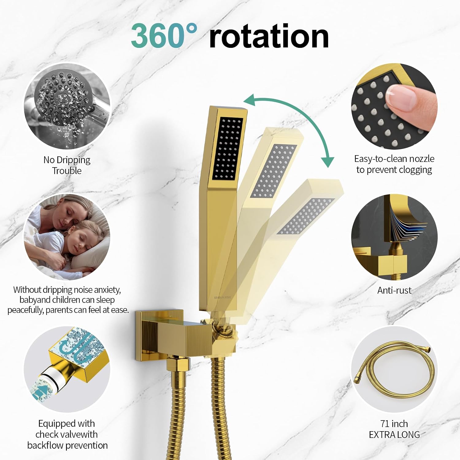 SR SUN RISE 12 Inches Bathroom Luxury Rain Mixer Shower Combo Set Wall Mounted Rainfall Shower Head System Brushed Nickel Finish Shower Faucet Rough-In (12 Inch, Brushed Gold)