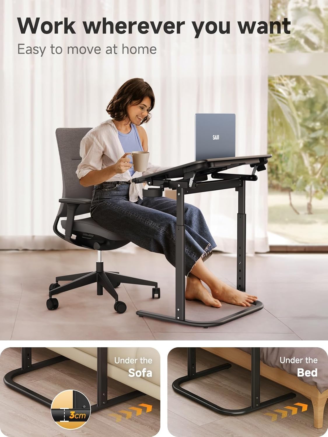 SAIJI XXL Extra Large TV Tray Table，Height & Tilt Adjustable Heavy Duty TV Trays for Eating, Working, Writing,Drawing, Recliner Table Couch Desk with LED Light, Cup Holder, Bookstand