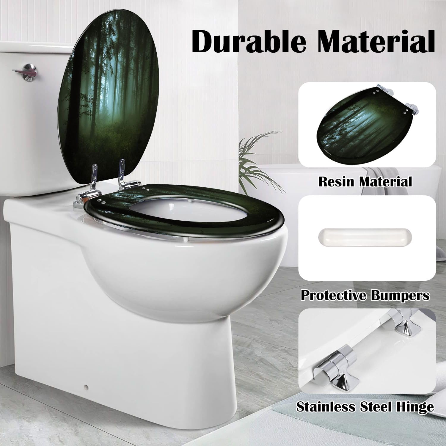 Elongated Toilet Seat green forest fog morning Resin Toilet Seat Slow Quiet Close Lid with Quick-Release Hinges Cover Bumpers Easy to Clean Install