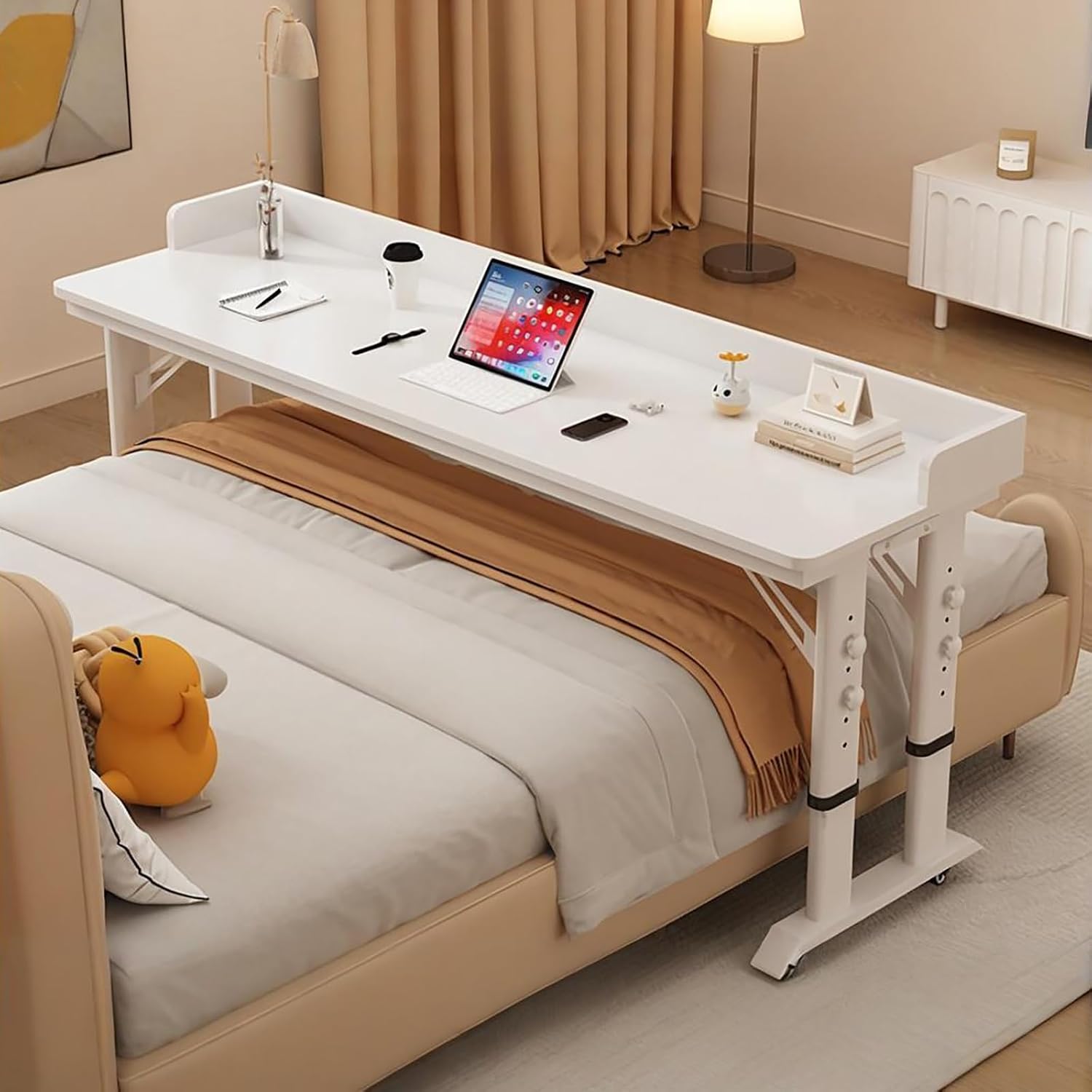 Overbed Table with Wheels Adjustable Height, Rolling Computer Desk Laptop Cart Over Bed Table for Bed Laptop Stand for Couch(White-A,100cm/39.4in)