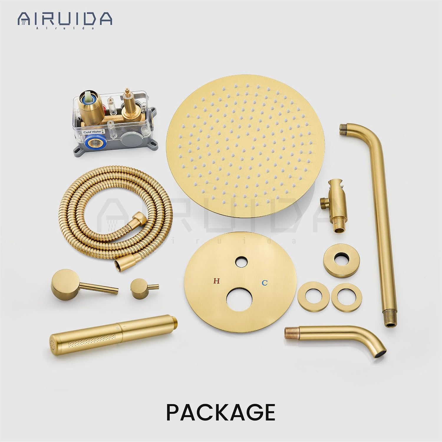 Airuida 3-Function Rain Shower System Set – Wall Mount Tub Shower Combo with Handheld Shower and Tub Spout,12 Inch Shower Head,Brushed Gold