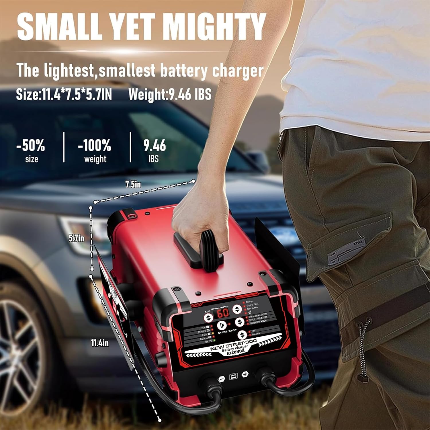 12V 24V Car Battery Charger & Engine Starter, 0-60A Automatic Battery Maintainer, 300 Cranking Amps, Jump Starter & Smart Trickle Charger